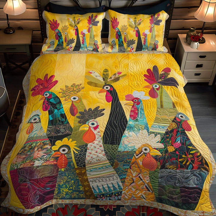 Charming Rooster Quilted Bedding Set