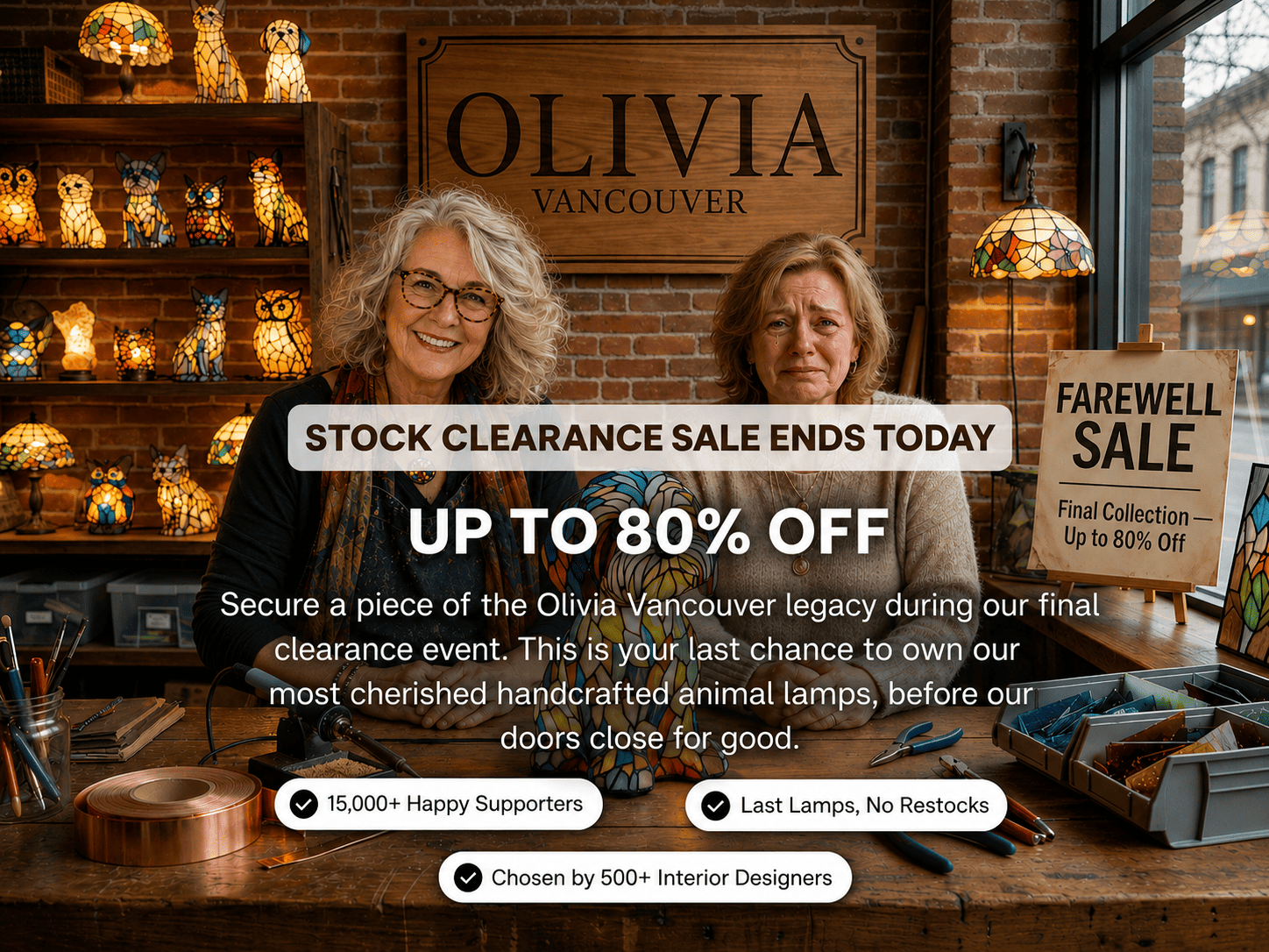 Two women in a store with a stock clearance sale sign for Olivia Vancouver products.